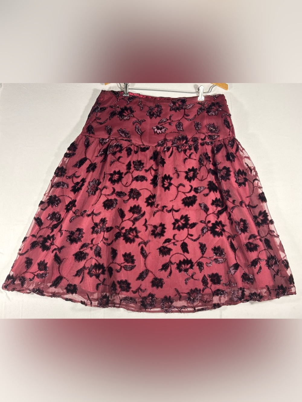 Chadwick’s Women’s 14 Burgundy Wine A-Line Skirt with Sheer Floral Overlay